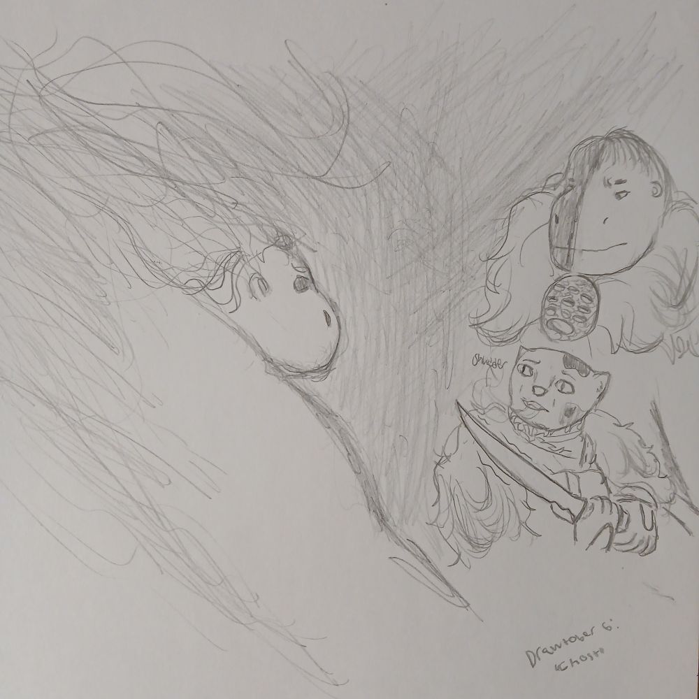 A drawing of Zatha Sh'fax holding up a trembling sword, eyes wide in terror and her breath fogging up in the frigid air, as a spectral figure hovers down; streams of spiritual energy trail behind it. Behind her is a Kalchikgyuni sorceress, half of her face coated with ash and bearing a hefty pendant, who is apparently annoyed by her fear and disbelief at the sight.