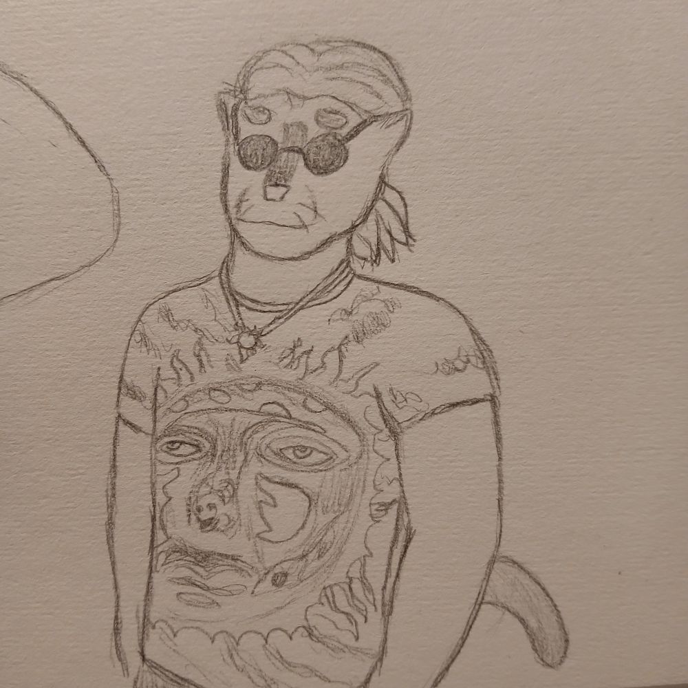 A sketch of my oc Savam in a 90s style summer outfit: a tie dye shirt with a print of the sun from Sublime's "40oz. of Freedom"; his hair is tied back into a ponytail, and he's wearing a pair of sunglasses.
