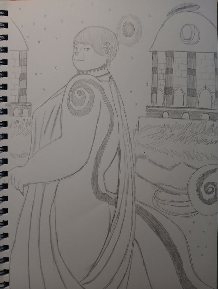 My oc Lovihai wearing a long loose dress referenced from a photo of actress Florence Pugh in front of a starry space background.