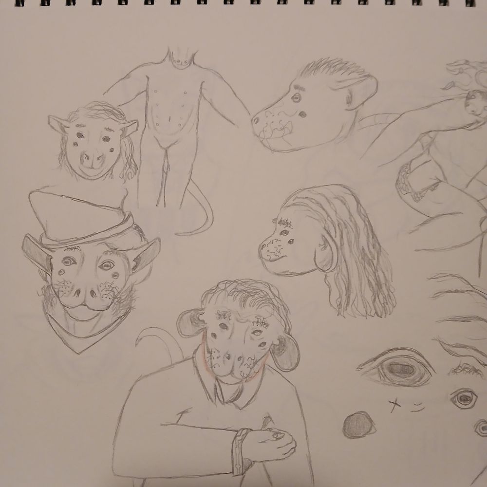 Assorted face and body sketches of a rodentlike group of aliens. Ears vary from round and drooping to upraised and rectangular. They have two pairs of eyes with rectangular pupils