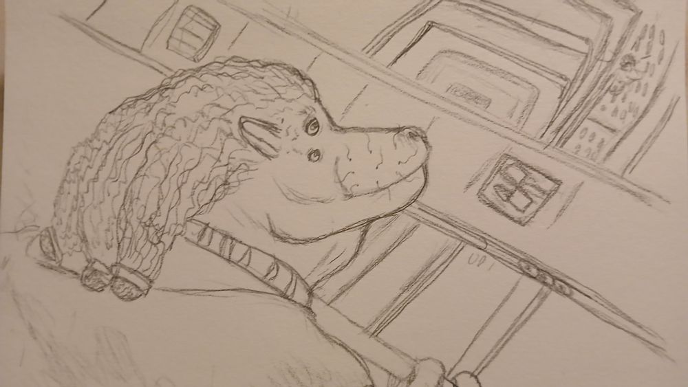 My oc Quiuk Ktora, a rodentlike alien looks down from a high rafter to a person yelling at them. A conveyor belt carries boxes between them.