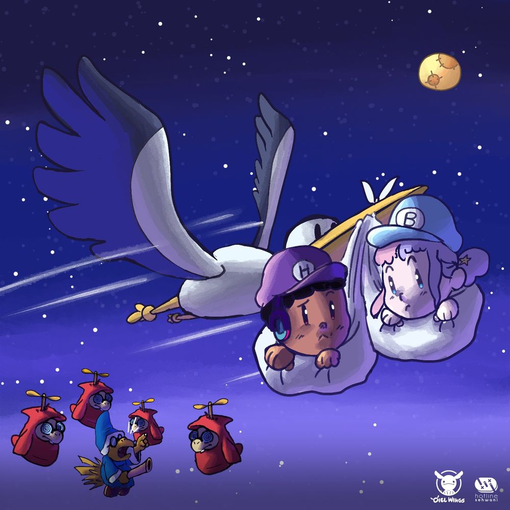 A Cegonha de Yoshi's Island está levando dois bebês numa noite escura de lua cheia, mas Kamek e seus comparsas estão logo atrás para capturá-los.