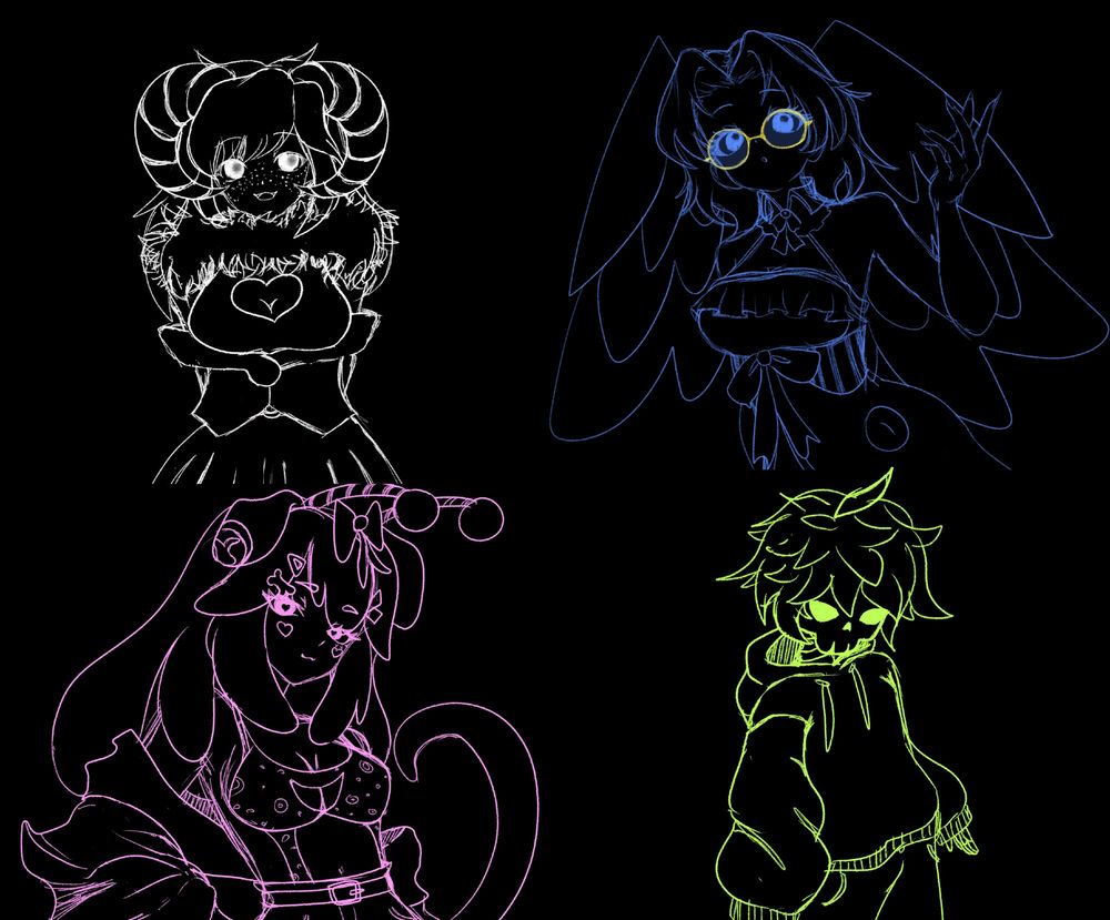 Artworks of 4 characters, from left to right, fluffy_glitch, kawasemi_henshin, devi_yun and coco_ludicolo
artwork by mild_marionette on twitch