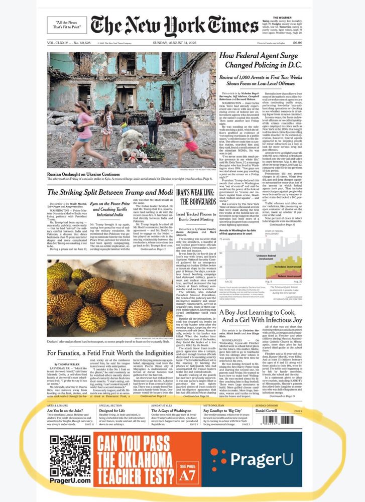 The front page of the NYT from Sunday 8/31/2025 circled at the bottom is an ad for Prager U saying “can you pass the Oklahoma teacher test” and a qr code to prageru.com 