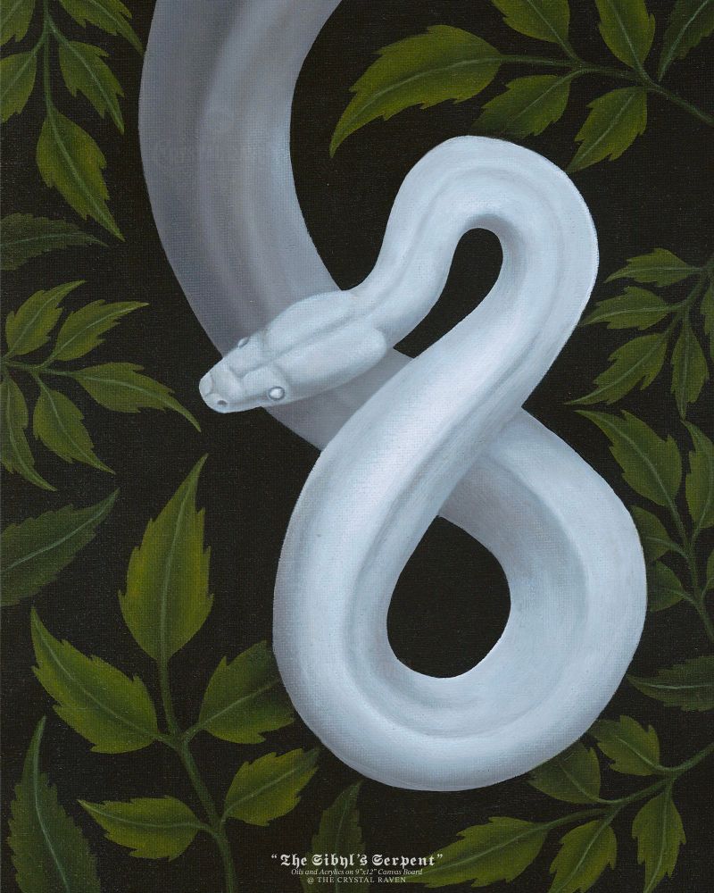 A painting depicting an all white snake with white eyes, hanging down from the top, twisted into an almost infinity like symbol, surrounded by warm green leaves on a black background 