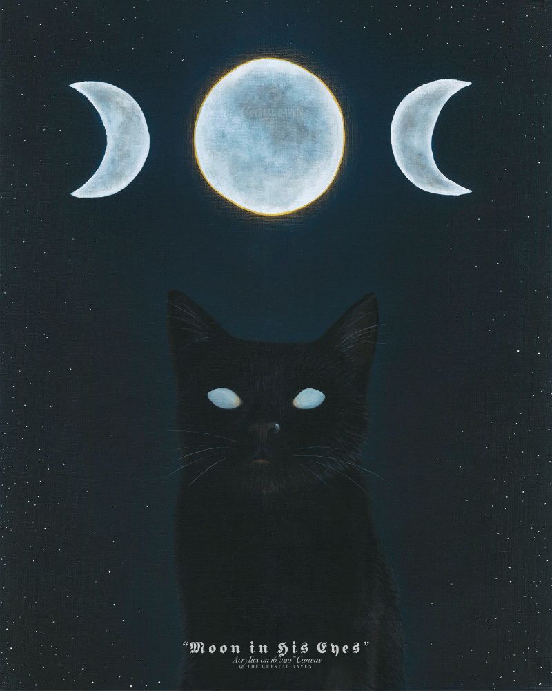 Painting on canvas of a black cat with white eyes looking forward with the tripple moon above surrounded by a black sky and stars.