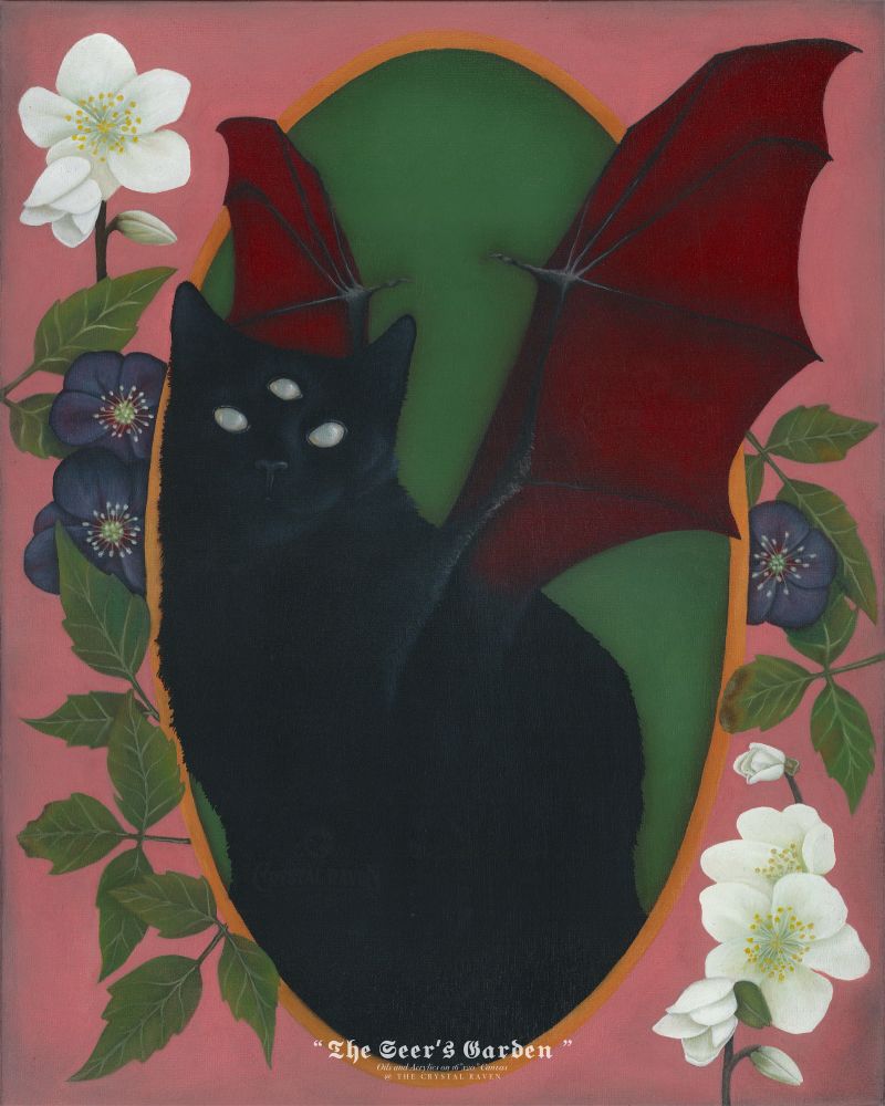 Painting on canvas of a black house cat with three white eyes and reddish bat wings sitting in a gold oval frame with a retro antique green foreground. Outside the gold oval are blue/purple and white Hellebore flowers and poison ivy leaves on a retro antique pink background.