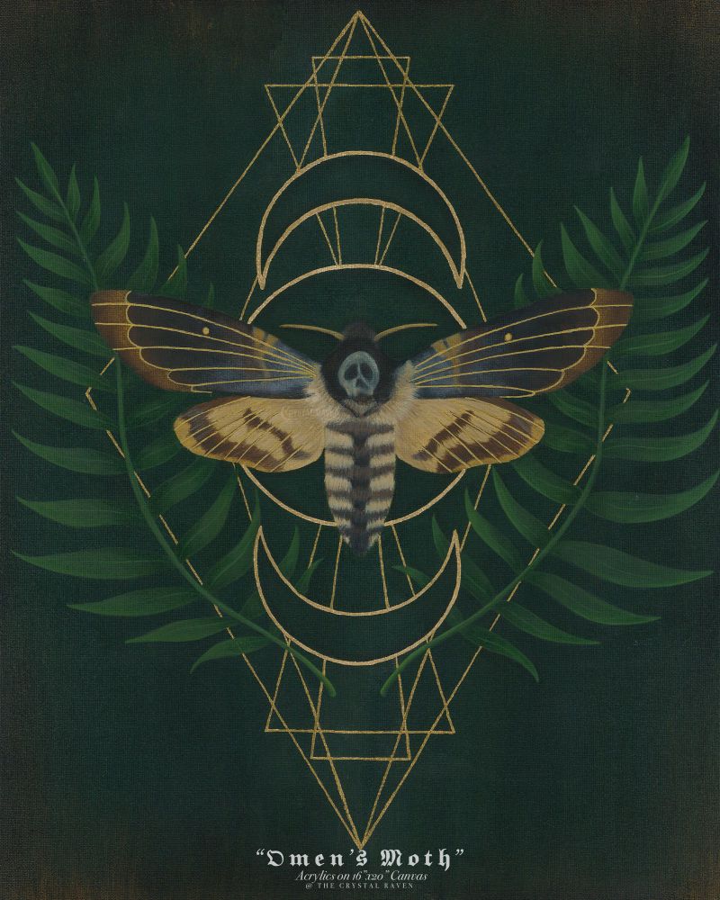 Painting on canvas of a Death’s-Head Hawkmoth centered on the canvas with a dark forest green background. On both the left and right side of the moth is a large green fern leaf. Gold accented sacred geometry with the tripple moon sits behind the moth and fern leaves stretching the entire canvas from top to bottom. 