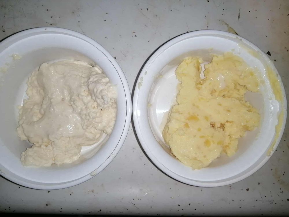 Image of two batches of clotted cream, one made with ultra-pasteurized cream and butter, the other with only cream pasteurized with the typical method. The second cream is a richer, more buttery texture and color. (And flavor)