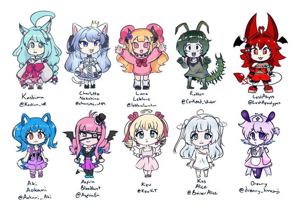 Vtuber chibi drawings with their xwitter handles