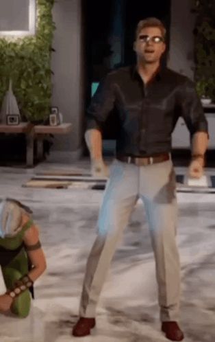 a man in a black shirt and khaki pants is dancing in a video game