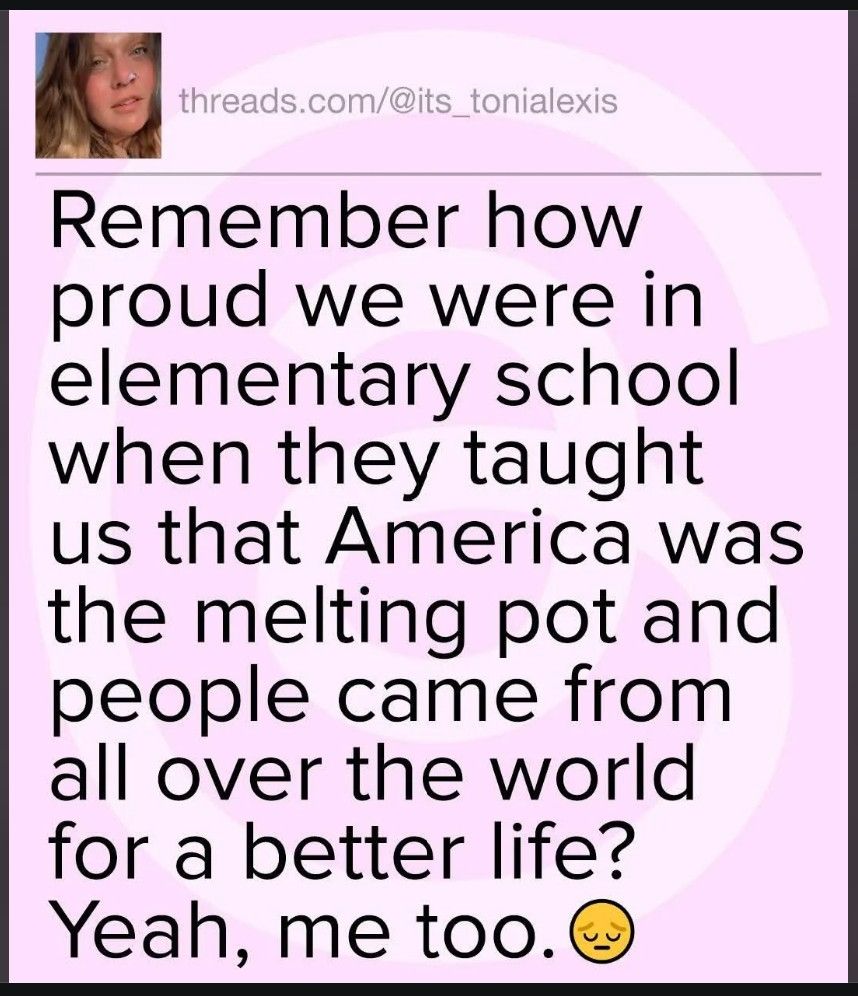 Meme:
Remember how
proud we were in
elementary school
when they taught
us that America was
the melting pot and
people came from
all over the world
for a better life?
Yeah, me too.