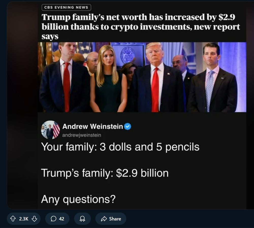 Image of a social media post:

CBS EVENING NEWS
Trump family's net worth has increased by $2.9
billion thanks to crypto investments, new report
says


Andrew Weinstein
andrewjweinstein

Your family: 3 dolls and 5 pencils

Trump's family: $2.9 billion

Any questions?
