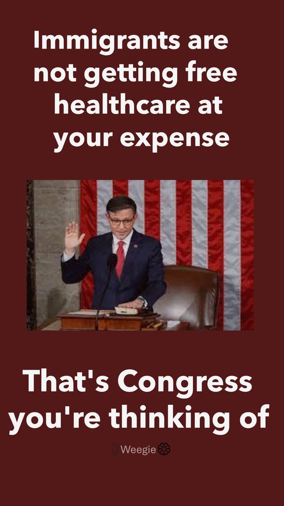Meme: Picture of House speaker Mike Johnson Text: Immigrants are not getting free healthcare at your expense That's Congress you're thinking of.  Credit imprint:🌹Weegie🍀