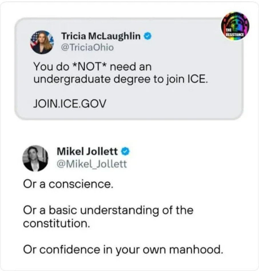 Social media post: Tricia McLaughlin @TriciaOhio You do *NOT* need an undergraduate degree to join ICE. JOIN.ICE.GOV

THE RESISTANCE Mikel Jollett @Mikel_Jollett Or a conscience. Or a basic understanding of the constitution. Or confidence in your own manhood.