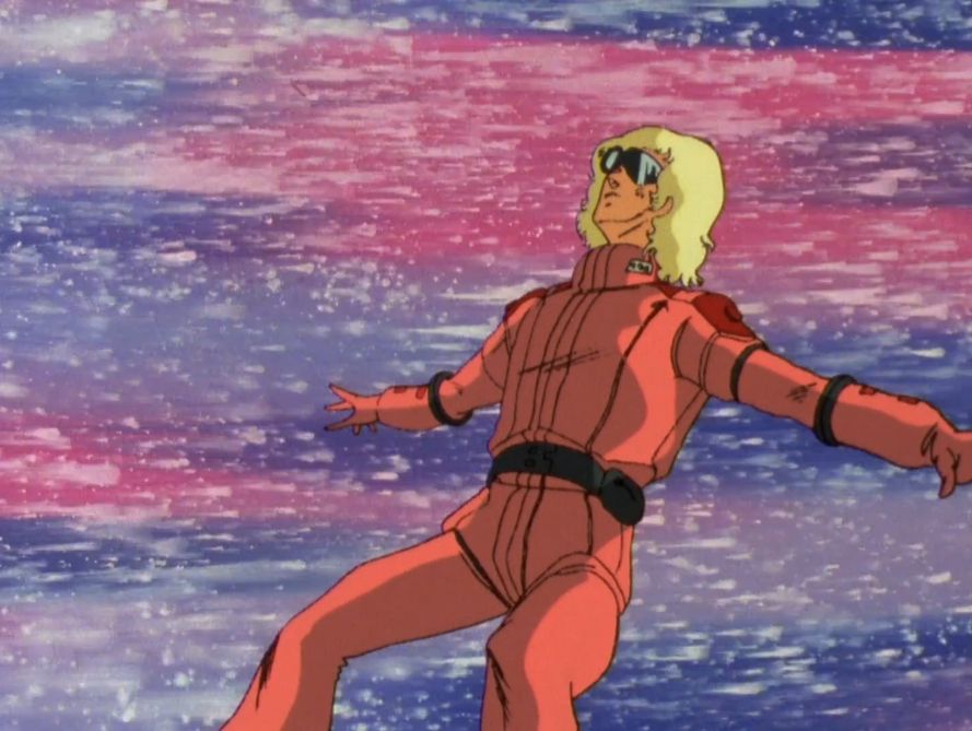 Quattro Bajeena dramatically falling after getting his face punched. The background colors behind him are in reddish pink, purple, and blue, reminiscent of the bisexual flag colors.