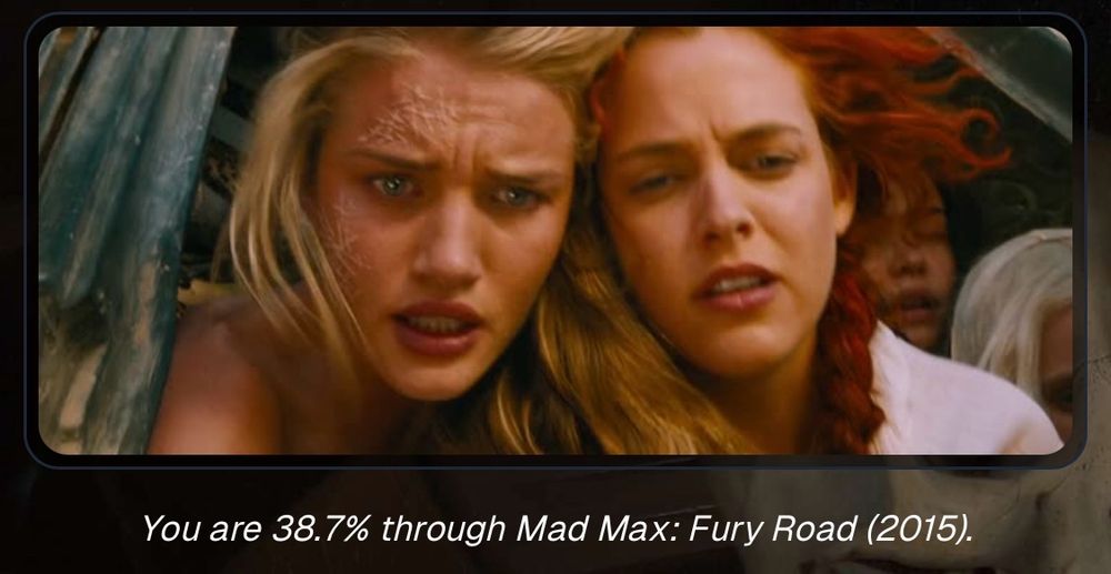 私の今の年齢は寿命のうち38.7%の地点にあり、それは「マッドマックス 怒りのデス・ロード」で言うと、スプレンディドとケイパブルが、叩き落としたニュークスをウォー・リグから見下ろしているシーンと一致する。