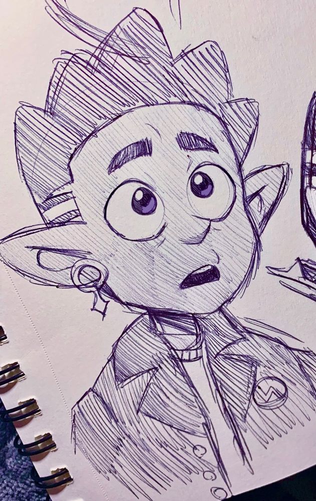 A ballpoint pen sketch of Gus from the owl house. His jaw is slack and his eyes are wide, looking at something in surprise or wonder. The ink is blue.
