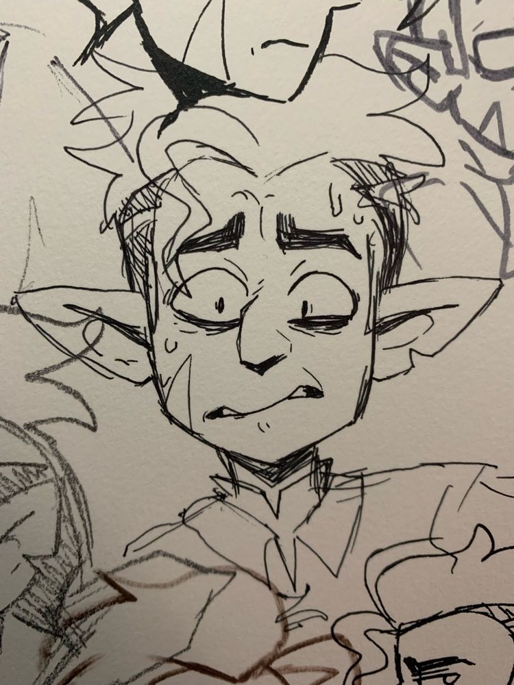 An ink drawing of Hunter from The Owl House. He’s sweating bullets and looks absolutely freaked out by something. Other cut-off drawings of Hunter are seen around the central sketch.