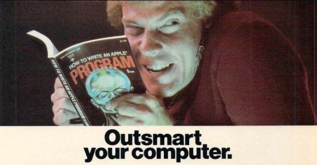 An ad for the How to write an Apple program book with a guy looking evil with Outsmart your computer tagline