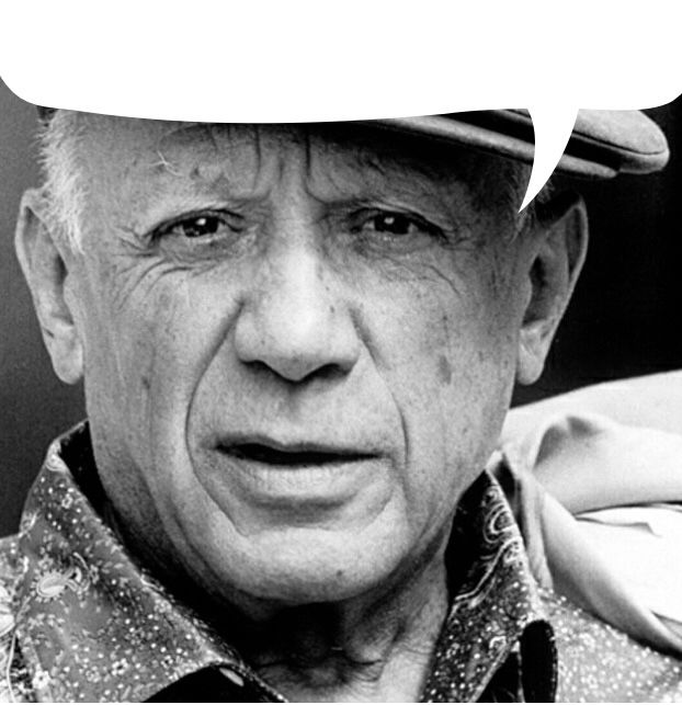 Foto em branco e preto do rosto do Picasso (heh) idoso, com um corte de balão de diálogo sobre a cabeça