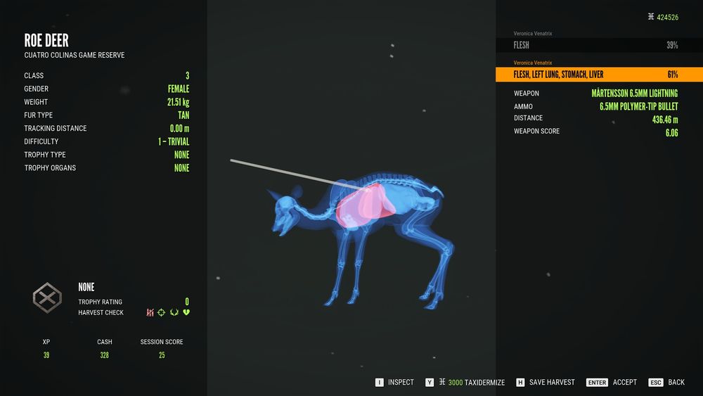 A screenshot of the harvest screen that shows my the roe deer I shot at 436.46 metres.