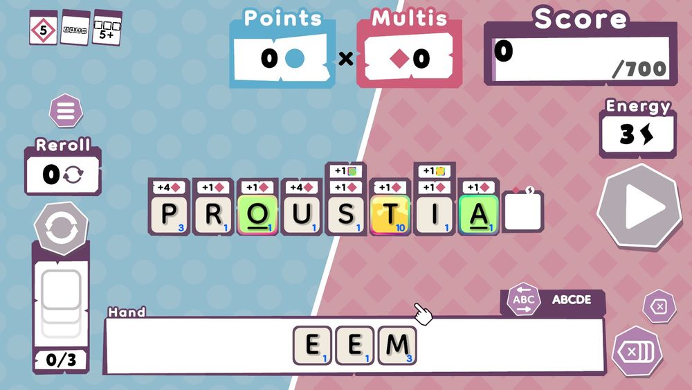A screenshot of the word game Wordatro! with "Proustia-" in the center while below it shows two E's and an M in the hand.