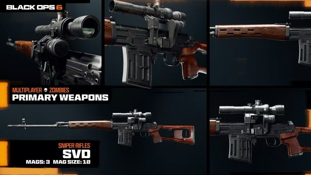 SVD
Unlocked at Level 25
• Default mag size: 10
• Mags: 3
• Fire mode: Semi-auto
This sniper 1 shot headshots just will need the right attachments💯