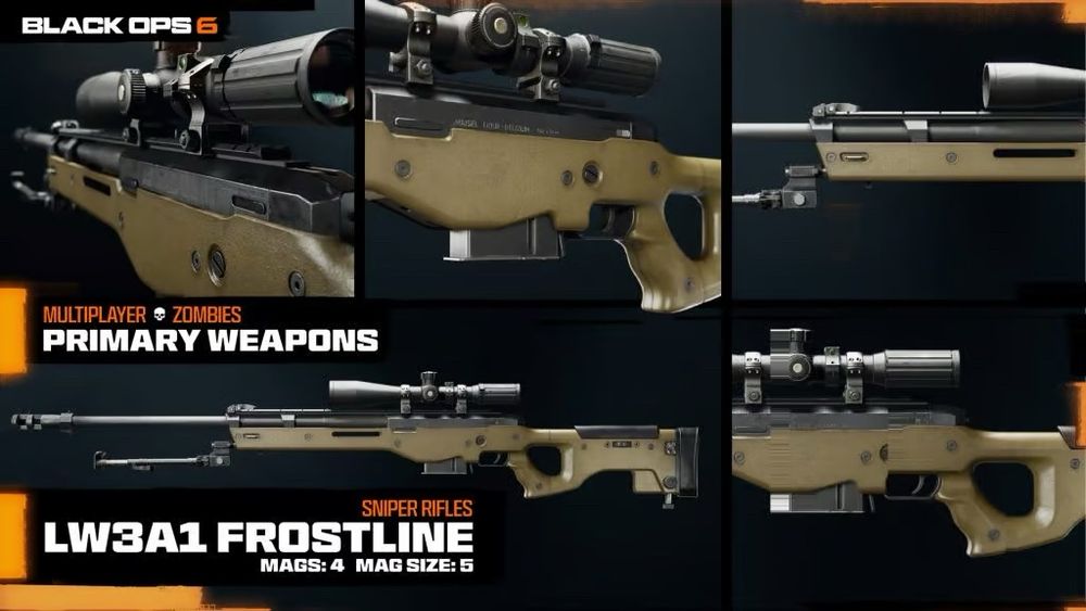 LW3A1 Frostline
•Unlocked by default
• Default mag size: 5
• Mags: 4
• Fire mode: Bolt-action
It’s the L96 but renamed👀
This is the first sniper you’ll unlock by default!