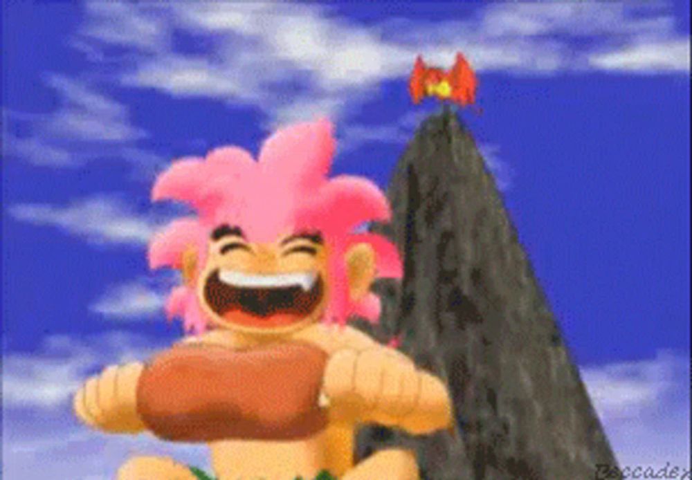 a cartoon character with pink hair is holding a rock