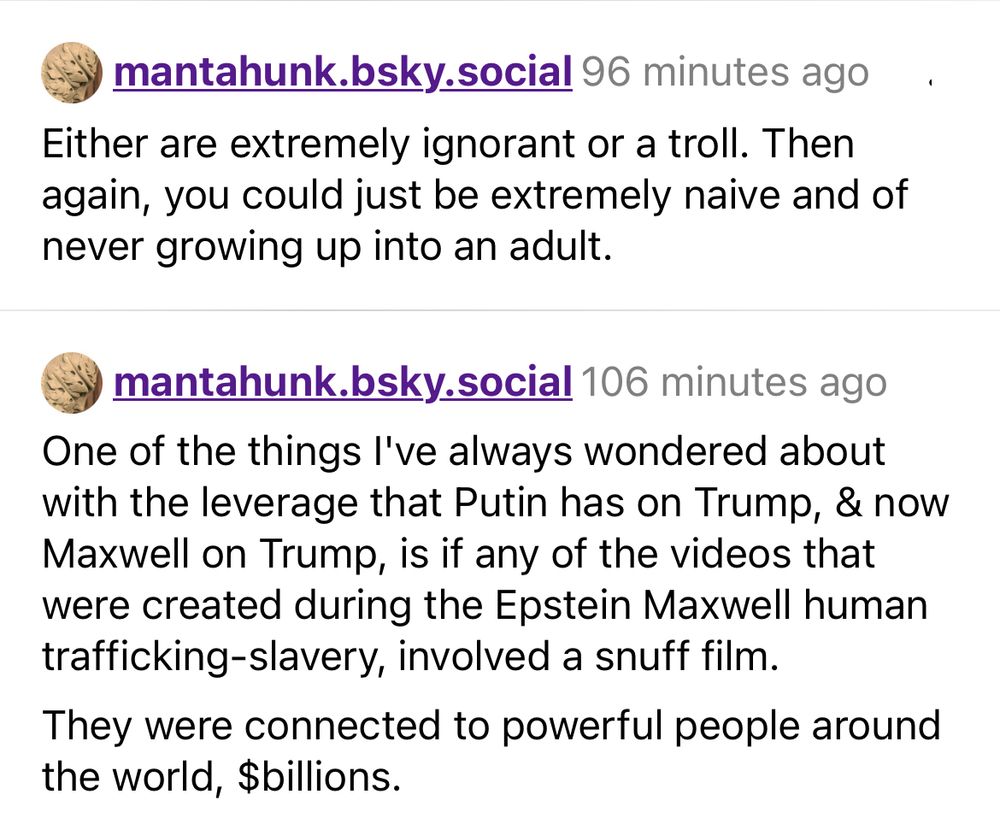 manrahunk.bsky.social spewing conspiracy theories about Trump/Epstein snuff films for which there’s no evidence for or that such a thing it’s even a real. When questioned the poster blocked due to being exposed. 