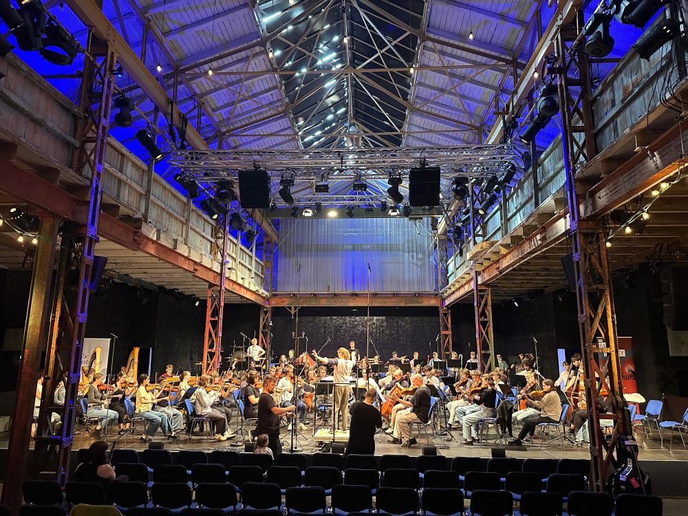 Photo of an orchestra rehearsing from the audience view. Conductor has their arms raised up in the air.