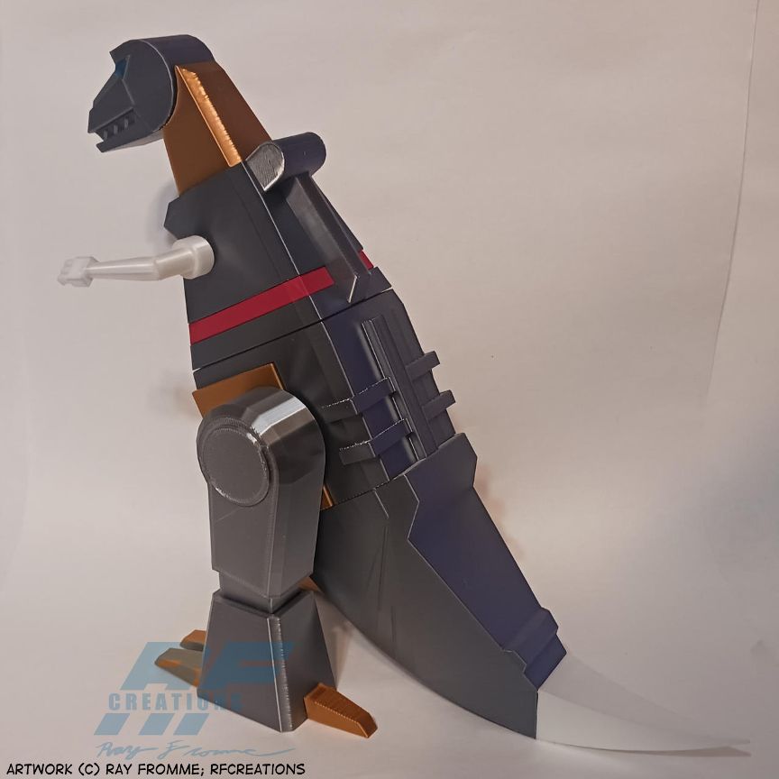 A 3D printed figure of Grimlock in his T. rex mode.

Back angle view