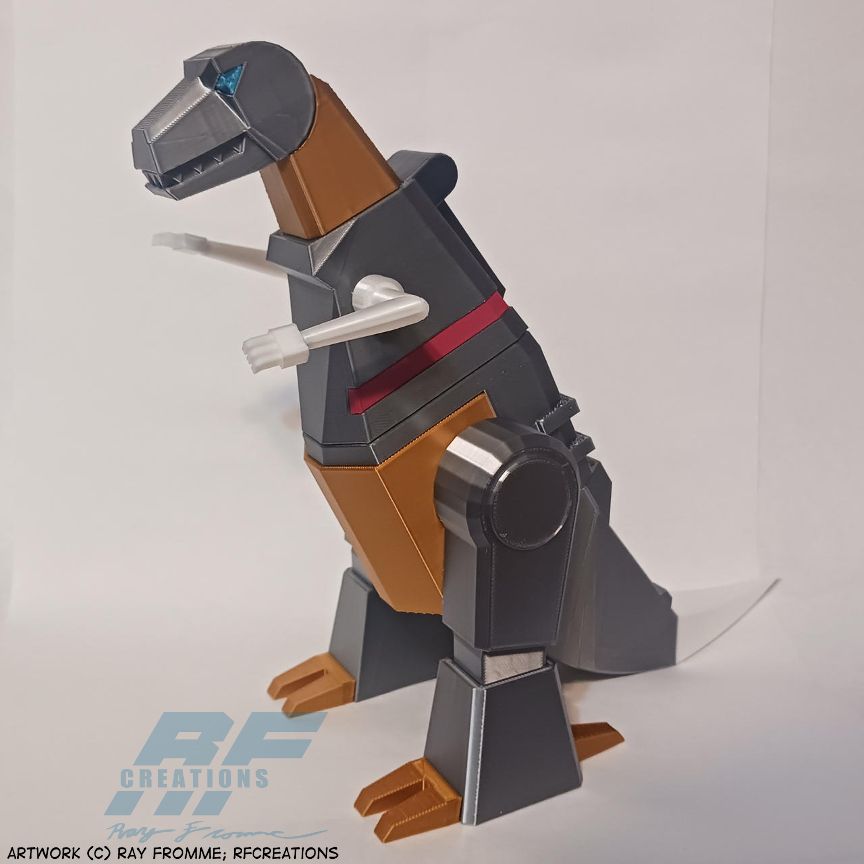 A 3D printed figure of Grimlock in his T. rex mode.

Front angle view