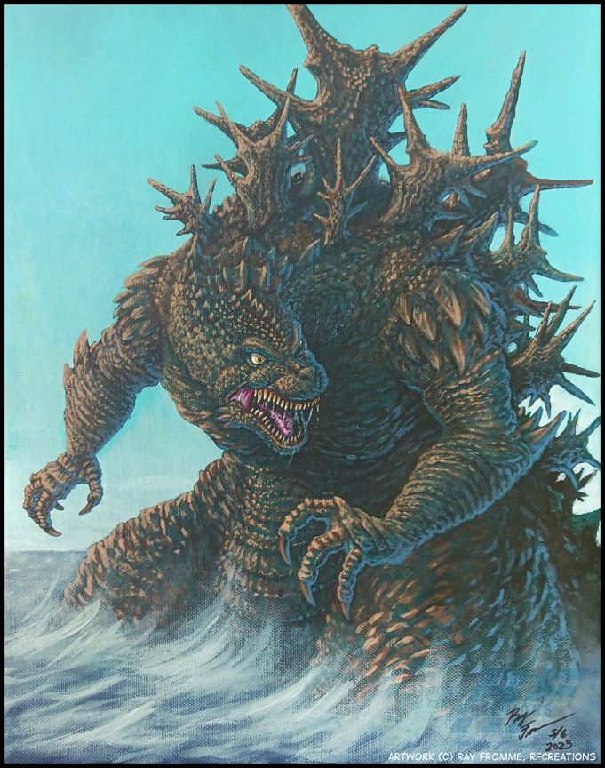 An acrylic painting of Godzilla 2023 (Minus One). The monster is standing in the water, aggressively arching its back and lowering its head.