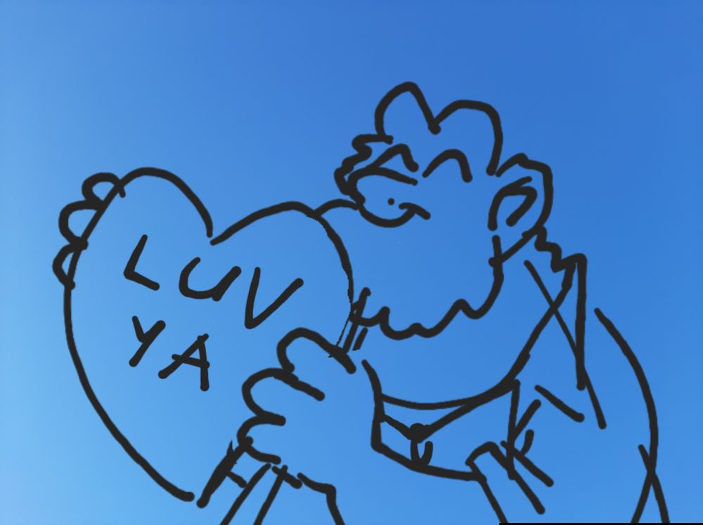 A quick and skrunkly doodle (on my phone, lol) of my sona Rayzilla, on a blue backdrop holding a big heart with "luv ya" written on it.

*The blue backdrop is actually a photo I took of the sky when it was crystal clear.