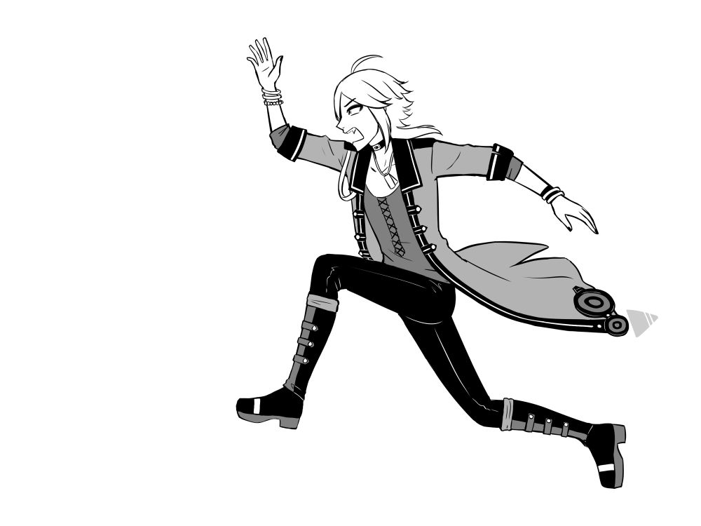 A black and white sketch of YOHIOloid in his alternate outfit dramatically running and jumping.