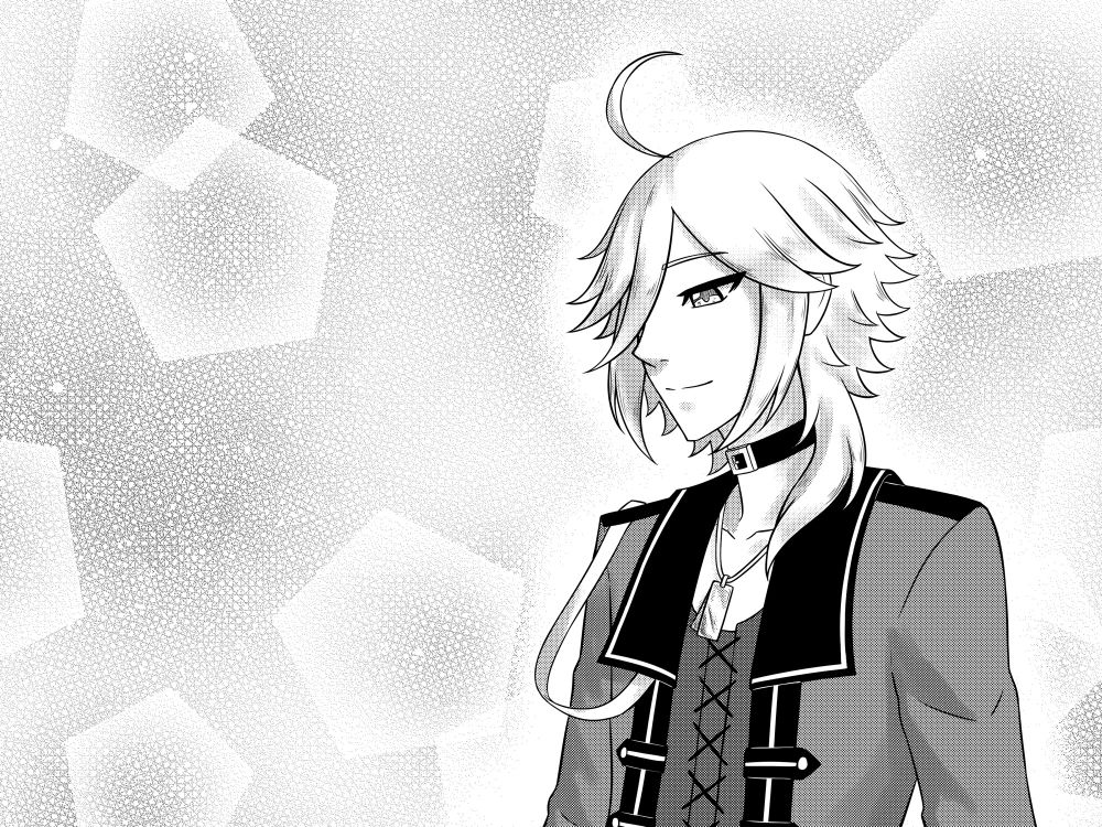 A drawing of YOHIOloid in his alternate outfit done in a black and white with screentone style.
