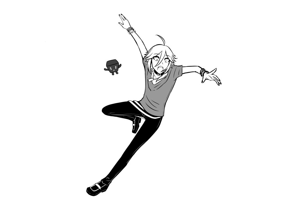 A black and white sketch of YOHIOloid jumping/falling over with his arms up and Cubi watching beside him.