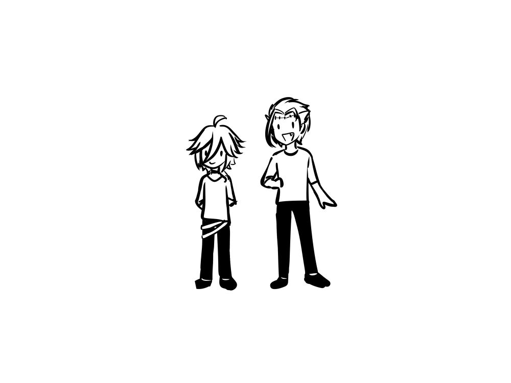 A simple black and white drawing of YOHIOloid and Big Al standing next to each other.