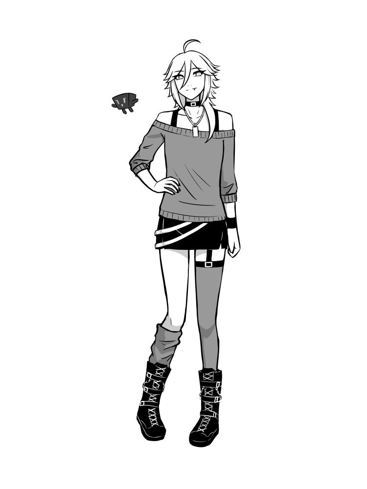 A full body black and white sketch of genderbent YOHIOloid. She has one hand on her waist and one foot off-balance to the side. She is wearing a gray off-shoulder sweater and a short black skirt with Hio’s usual belts. She has one tall sock held up by a garter and the other scrunched up under her knee. She’s wearing Hio’s normal choker and necklace, and she is also wearing large black boots. Cubi with eyelashes is next to her.