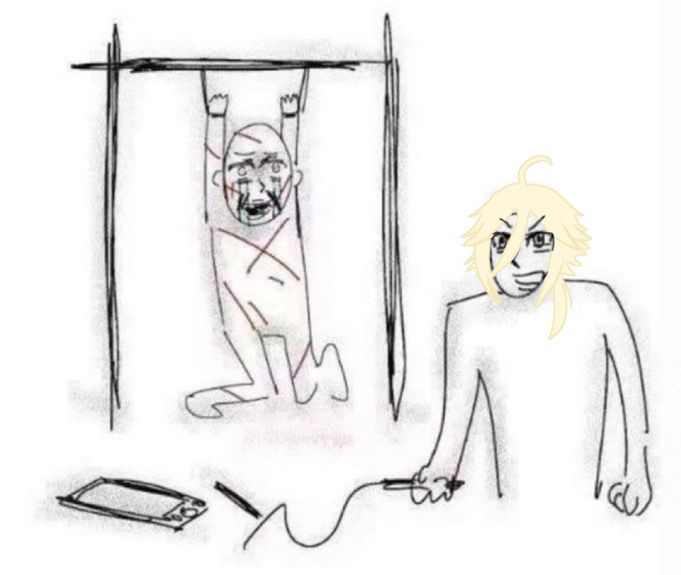 guy torturing artist reaction image but the guy is edited to have yohioloid hair