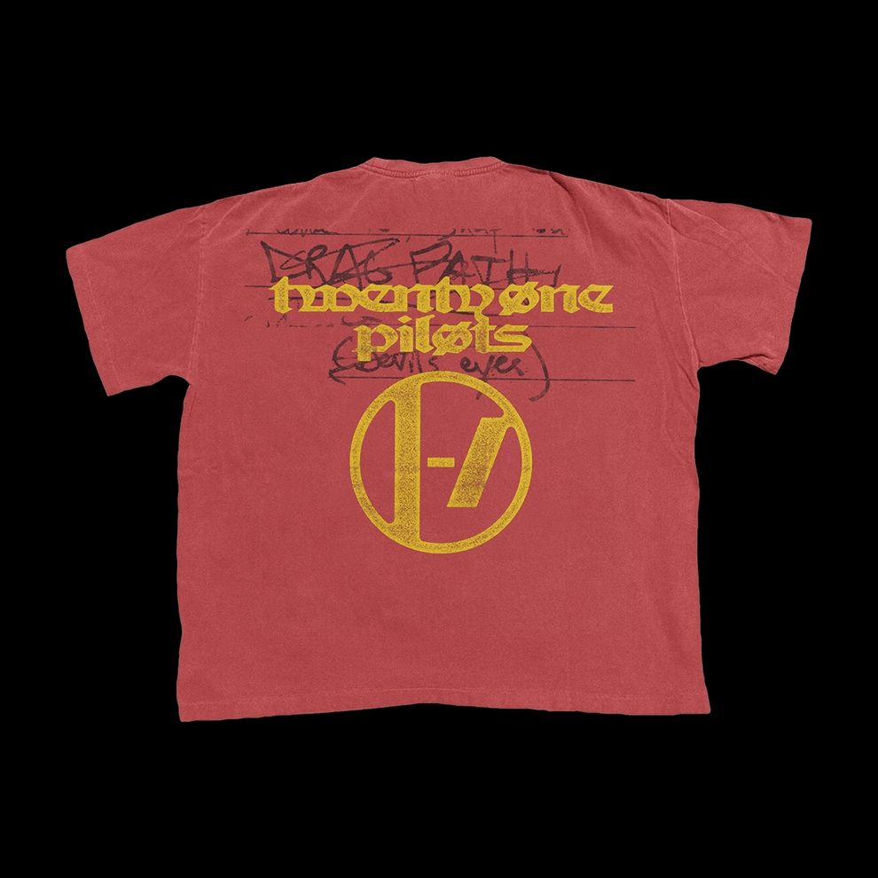 Back of the Drag Path t-shirt from the twenty one pilots merch store featuring hand written lyrics and the band logo and name in yellow on a red shirt.