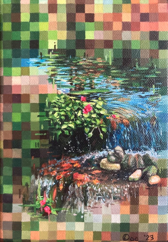A painting of small waterfall with leaves, flowers, and small rocks. The painting gets pixelated towards the edges. 