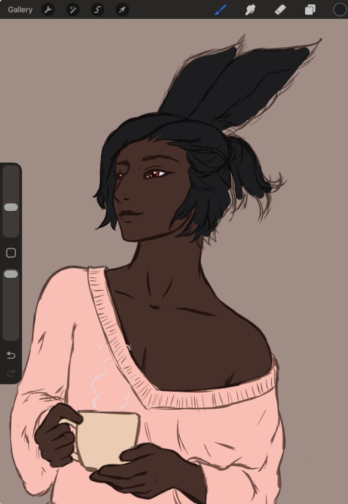 Work in progress sketch of a male Viera original character, Oleander. He has dark skin, black wavy hair, and orange eyes. He is wearing a slouchy oversized wool jumper in light pink, which is sliding off one shoulder, and holding a mug with a hot drink. His pose is relaxed and he is looking off camera with a slight smile.
