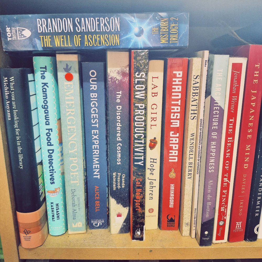 A row of books on a shelf. Mixed genre of fiction and nonfiction. From self-help to psychology to fantasy to culture to nature to poetry.