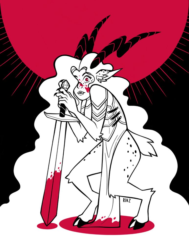 Wuvvy, a saytr, in her "feral" form. She is hunched over a bloodied sword, grasping the handle gingerly with clawed hands. Her curly hair flows down and around her, creating white space. Her face is speckled with blood as she looks at the viewer with surprise. A large red sun looms behind her head. Drawing is black & white with red accents.