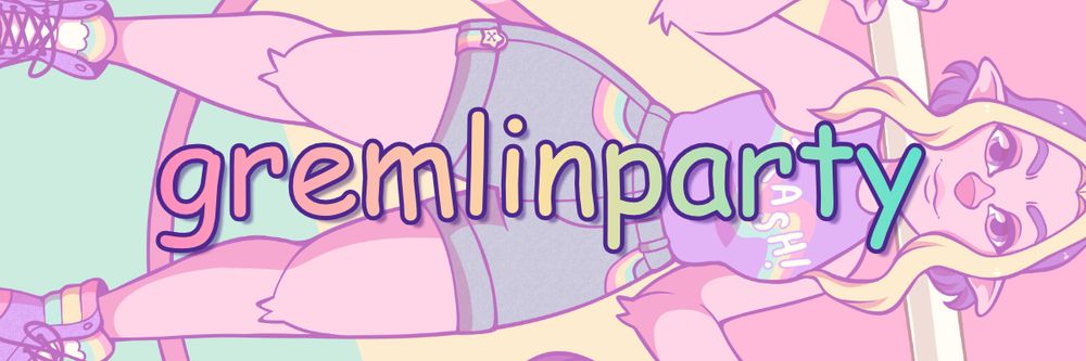 A banner with the word "gremlinparty" in comic sans. The letters have a rainbow gradient overlay and a drop shadow. The background is a drawing of my personal character rotated 90 degrees to fit the horizontal format of the image.