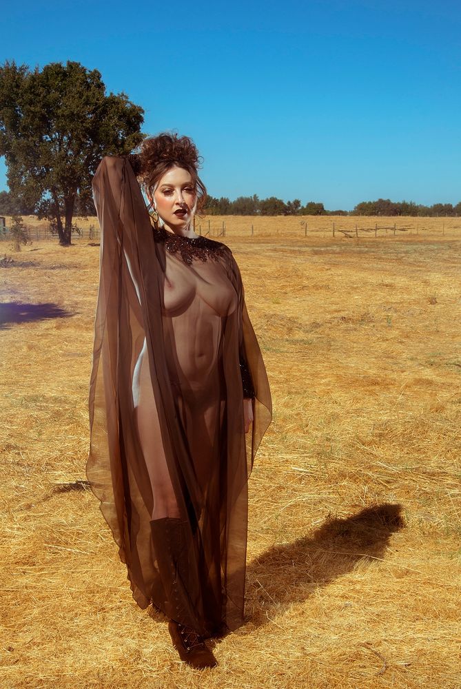 Delphine in a photo by Shannon Brooke. She is wearing a see thru brown caftan with nothing underneath in a dry meadow with oak trees behind.