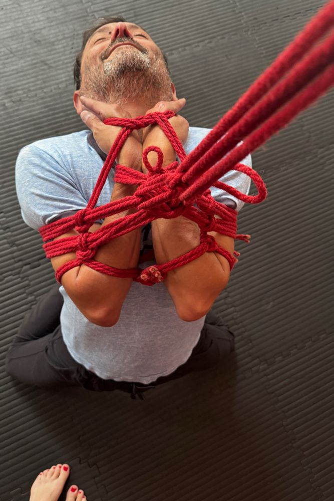 Kino is tied in an arms front harness with his hands by his neck. 